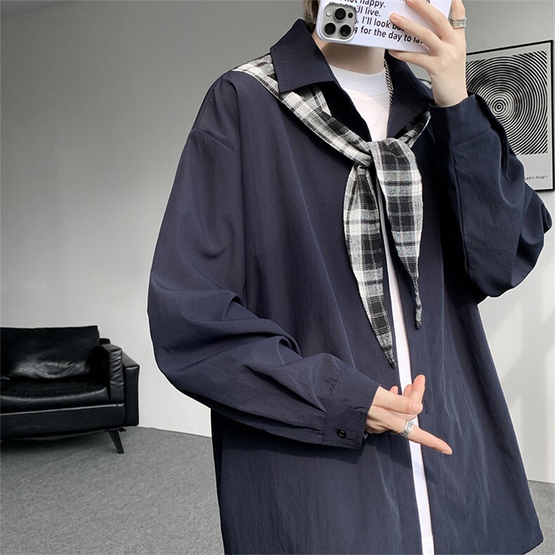 CS1156-特P38控68领巾小众设计感宽松大码衬衫男长袖衬衫外套,男装衬衫,电商A059