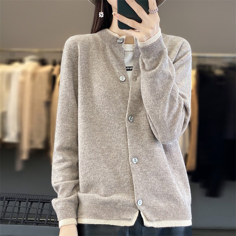 秋冬新款圆领拼色羊毛开衫外套女士洋气休闲宽松外搭针织减龄毛衣,针织衫/毛衣,佳绒包芯纱店