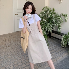 可爱风米杏色超好看减龄连衣裙女2025夏季新款宽松显瘦背带裙套装，女装套装/套裙，2C306