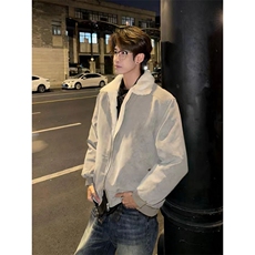 现货重磅硬挺boxy羽绒棉衣座山雕羊羔毛领洗水麂皮棉服冬外套，男装棉衣，电商A486-1