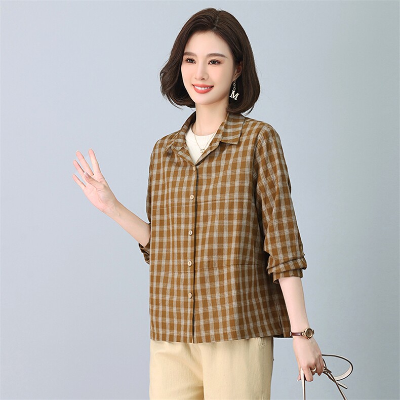 纯棉格子衬衫女春秋薄款2025年新款宽松长袖衬衣时尚休闲外穿上衣,女装衬衫,独衣靓