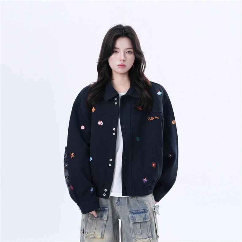美式复古小刺绣黑色夹克女cleanfit设计感宽松外套潮HHT225P67,男装夹克,星座1013-5