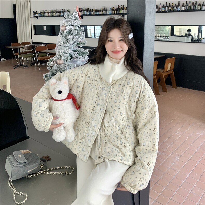 法式温柔风碎花立领短款羽绒服女2025冬季新款加厚保暖面包服外套，女装羽绒服，维壹
