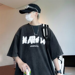 字母T恤男夏季上衣服潮牌ins宽松纯棉包边水洗做旧短袖WT105P35