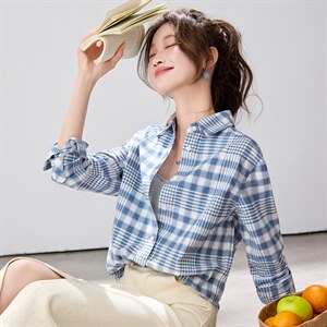 2026春夏新款蓝白格纹衬衫女学院风宽松慵懒风叠穿衬衣透气纯棉，女装衬衫，艾米