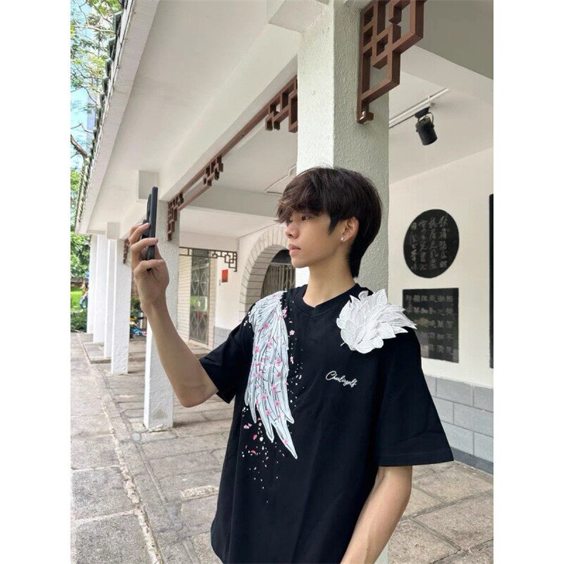 黑色立体羽翼短袖T恤男款夏季美式高街潮牌体恤纯棉重磅情侣半袖图片