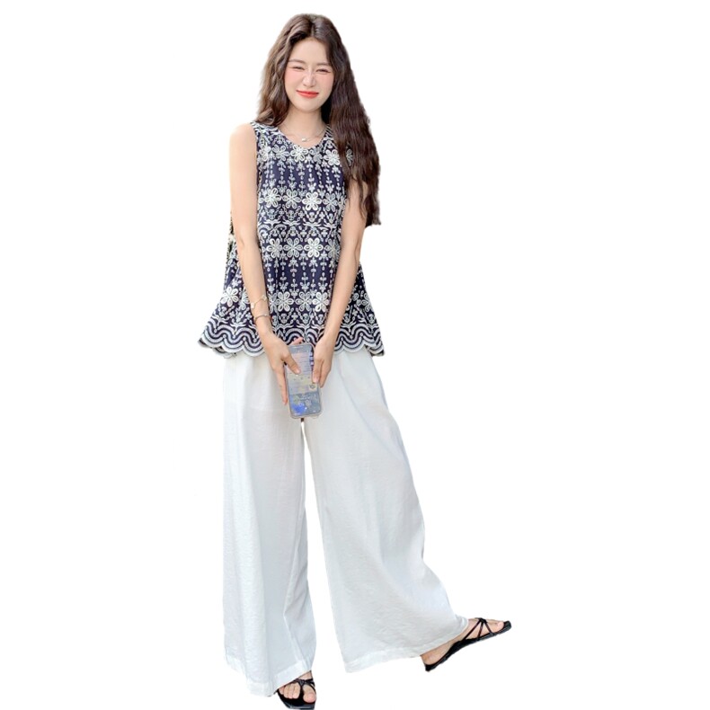 大方得体印花背心阔腿裤套装女夏季超火清冷松弛感两件套显瘦,女装套装/套裙,2C166