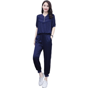 欧货冰丝休闲运动套装女夏季2025新款修身小个子时尚哈伦裤两件套图片