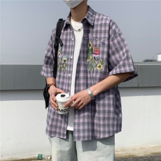 潮五分袖新款衬衫格子夏季男文艺青春流行ins慵懒外套CY097-P35，男装衬衫，星座412