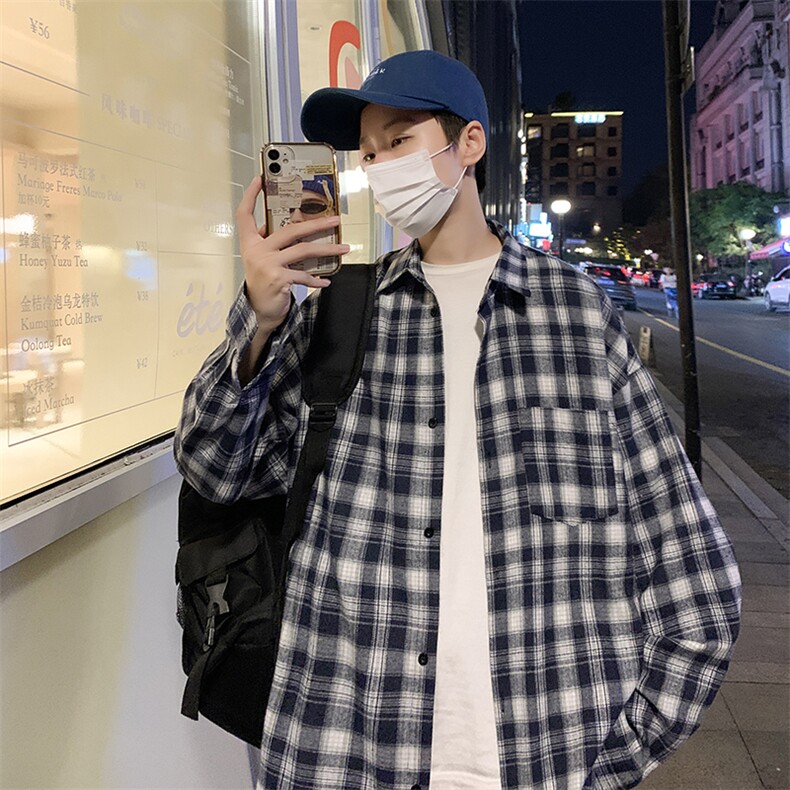 秋装港风日系复古工装格子衬衫长袖潮宽松百搭休闲中性H216/P45,男装衬衫,电商A221A