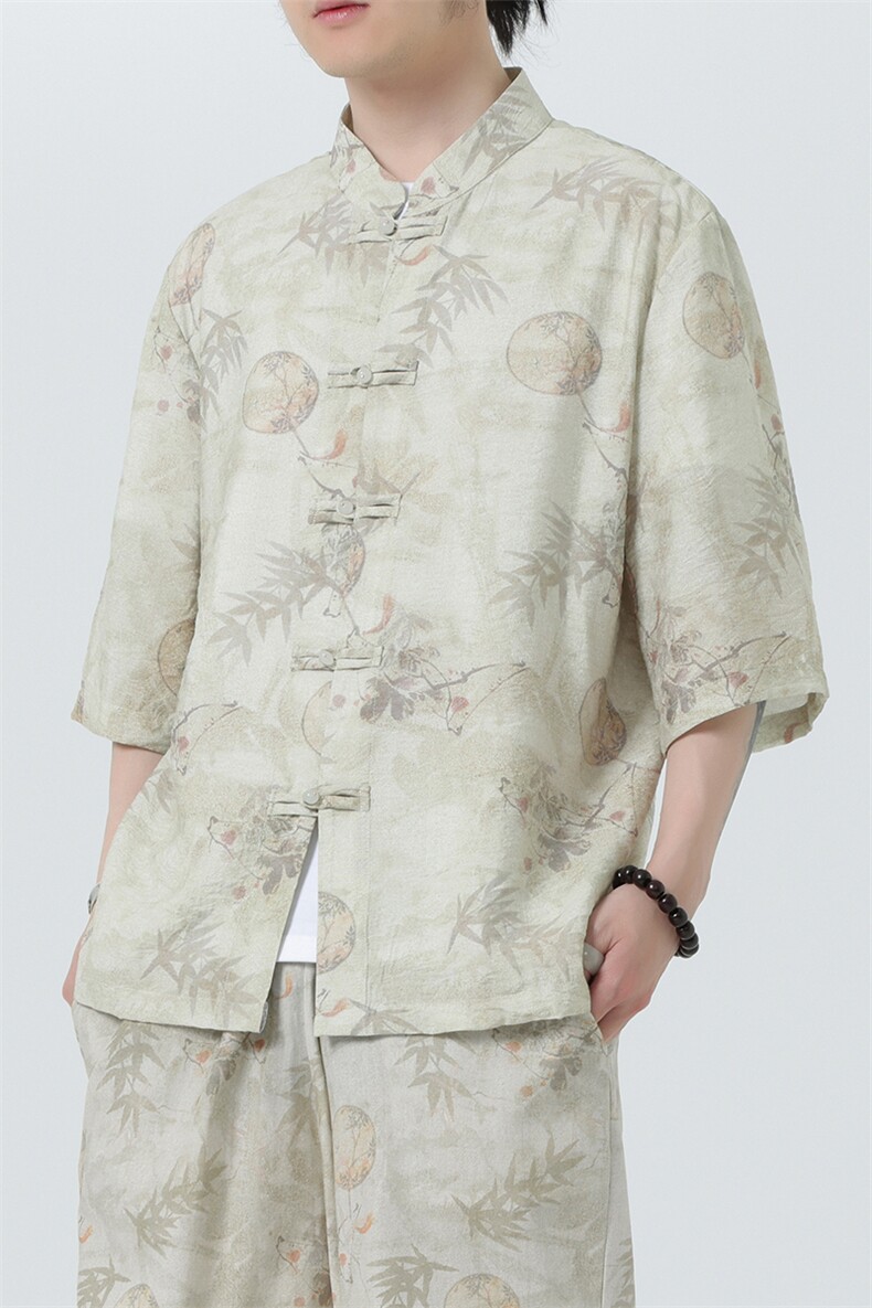 2025夏季新款风男装盘扣新中式唐装竹叶印花衬衫C112-P50,男装衬衫,电商B277(原6028)
