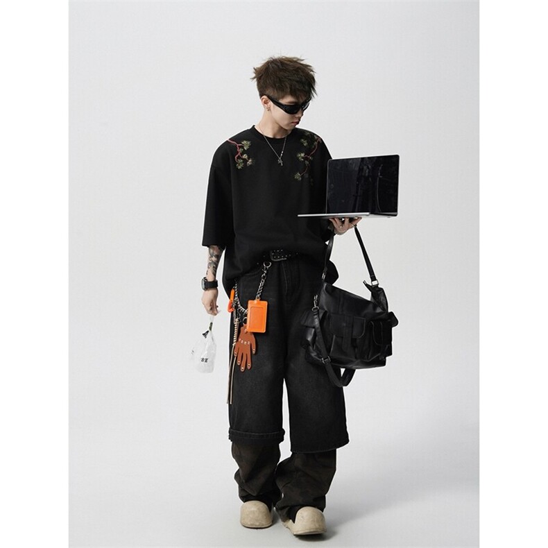 重磅花卉刺绣短袖T恤M-8XL特大码风半袖潮五分袖DX1219/P45,男装T恤,电商B238