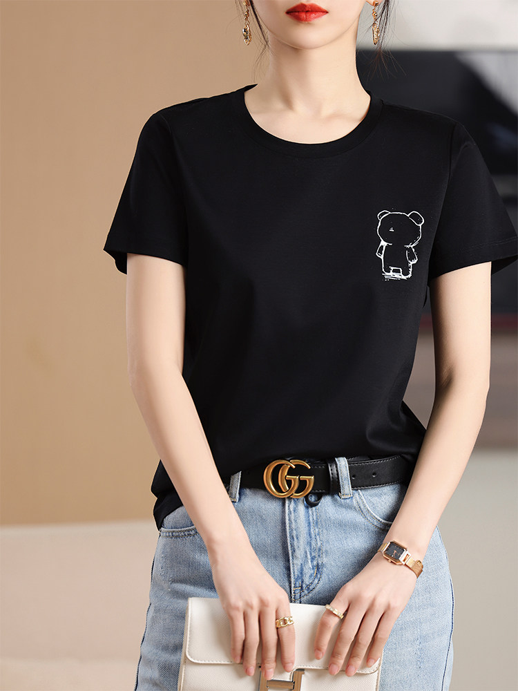 丝光棉烫钻烫画刺绣短袖t恤女夏季新款韩版宽松显瘦百搭圆领上衣,女装T恤,元素羊绒