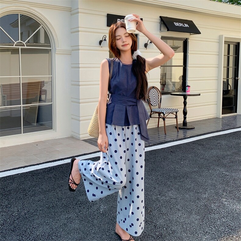 休闲花边无袖背心波点阔腿裤套装女夏2025新款两件套又酷又飒穿搭,女装套装/套裙,莘蕾