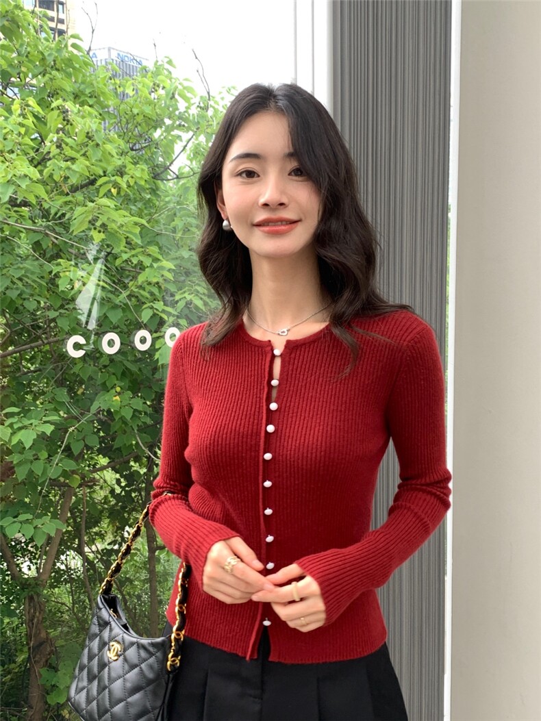 秋冬新款圆高领女纽扣修身开衫上衣针织衫百搭,针织衫/毛衣,玛卡隆羊绒
