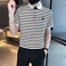 经典条纹翻领T恤短袖Polo衫弹力时尚高级感上衣T0270-P50，男装T恤，电商D342