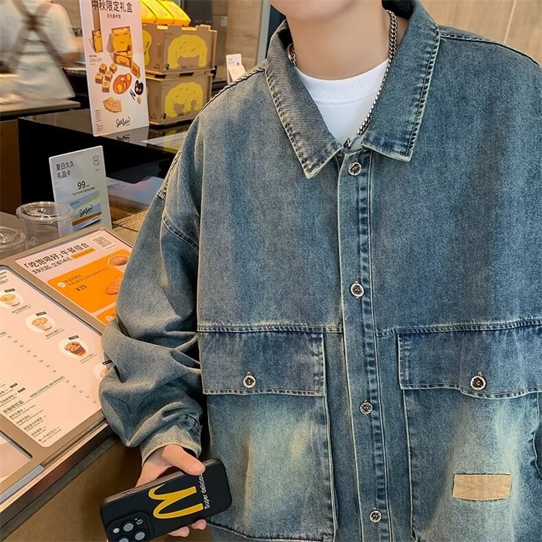 日系复古翻领水洗做旧牛仔夹克男休闲宽松落肩外套上衣服J3302,男装夹克,星座1116A-1（原606A）
