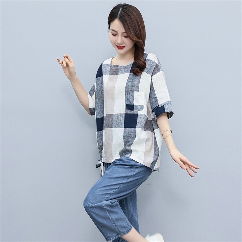 2023夏季棉麻格子简约气质圆领宽松时尚休闲显瘦舒适上衣,女装衬衫,独衣靓