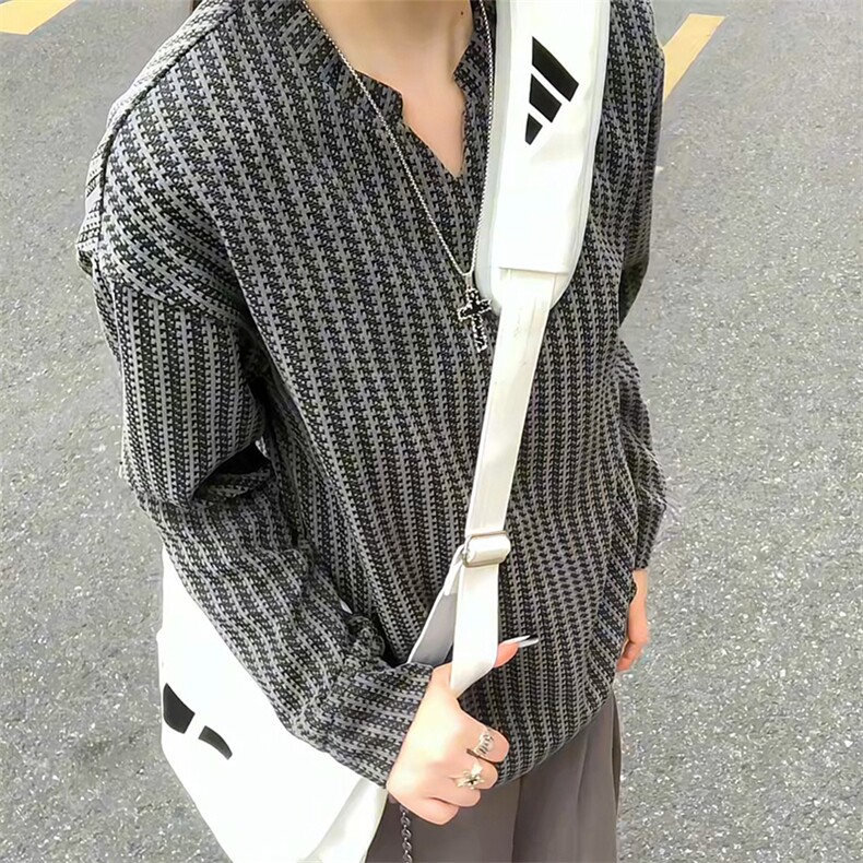 美式高街千鸟格子长袖T恤男女亨利V领英伦雅痞休闲宽松长袖打底衫,男装T恤,电商A486