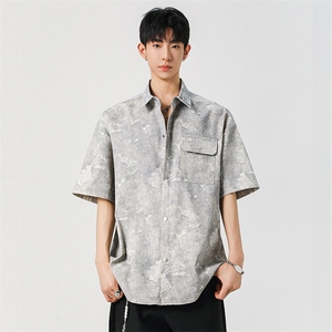 扎染脏脏工装短袖衬衫男款夏季潮牌宽松半袖衬衣外套Y001图片