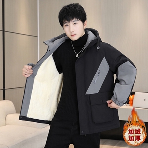 秋冬新款男士加绒加厚连帽夹克青少年休闲保暖外套图片