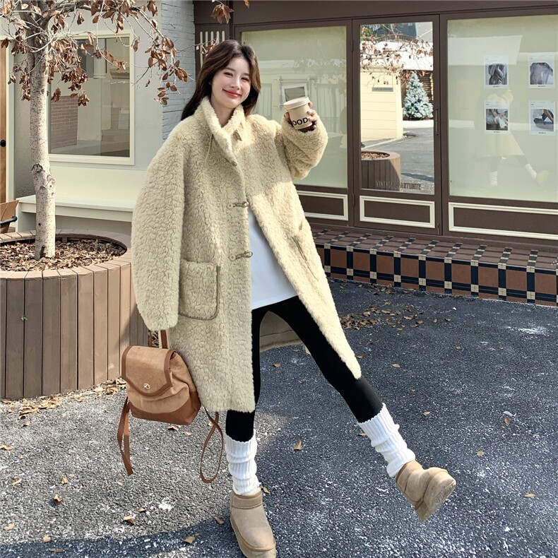 黄色羊羔毛厚外套女秋冬2026新款韩系宽松中长款皮毛一体毛绒大衣,女装皮草,2C159