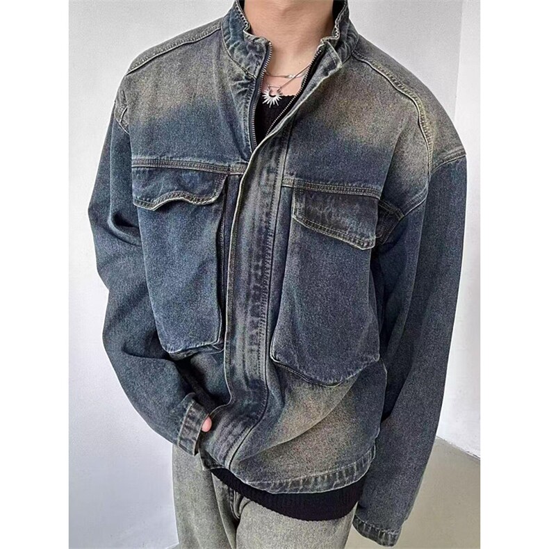 秋季渐变水洗口袋牛仔夹克男女短款宽松立领情侣外套J2201,男装工装外套,星座1116A（原606A-3）