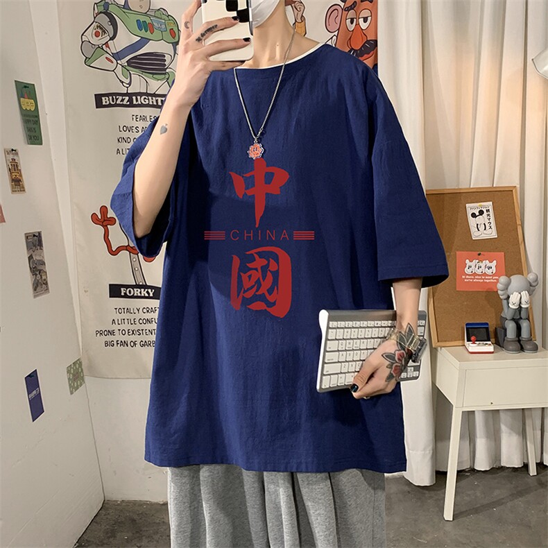 YT26198-P30亚短袖t恤男大码五分袖男宽松七分袖海报风,男装T恤,电商A040
