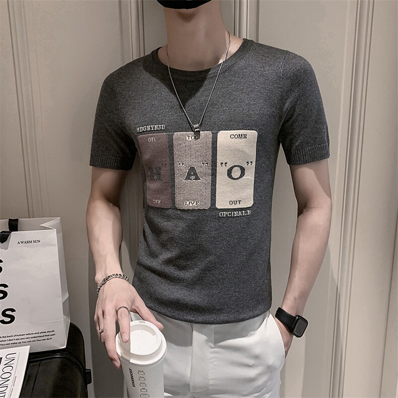 灰色2022精神小伙修身男士冰丝针织短袖T恤潮 T085-P48控68图片