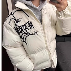 美式高街蜘蛛网刺绣字母棉服棉衣冬季加厚男女宽松面包服潮外套，男装棉衣，星座506A