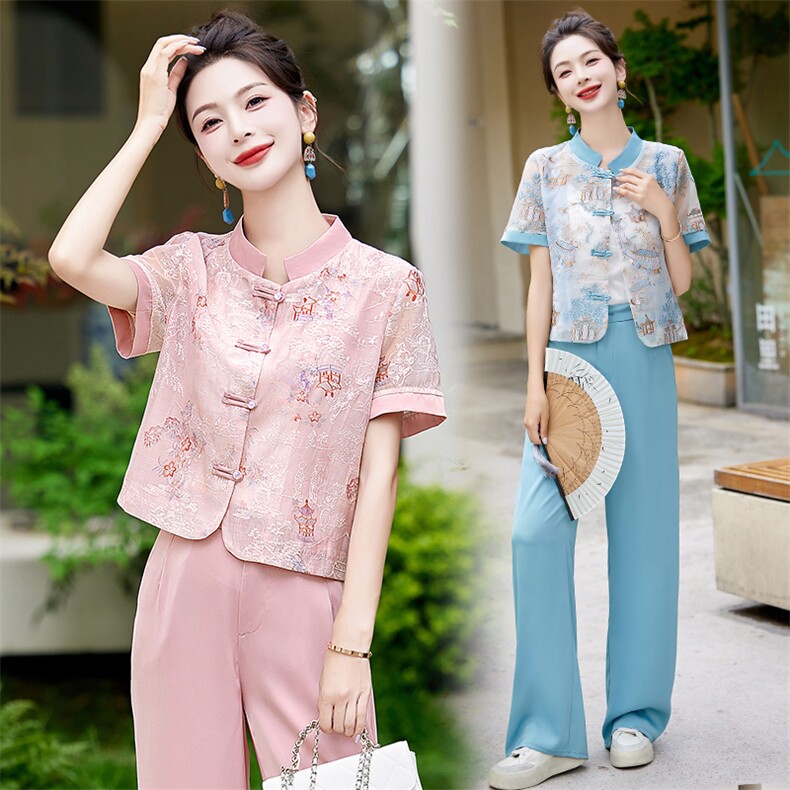 新款新中式盘扣刺绣防晒衣女夏2025新款气质立领唐装短袖薄款上衣，女装套装/套裙，韩美纤衣