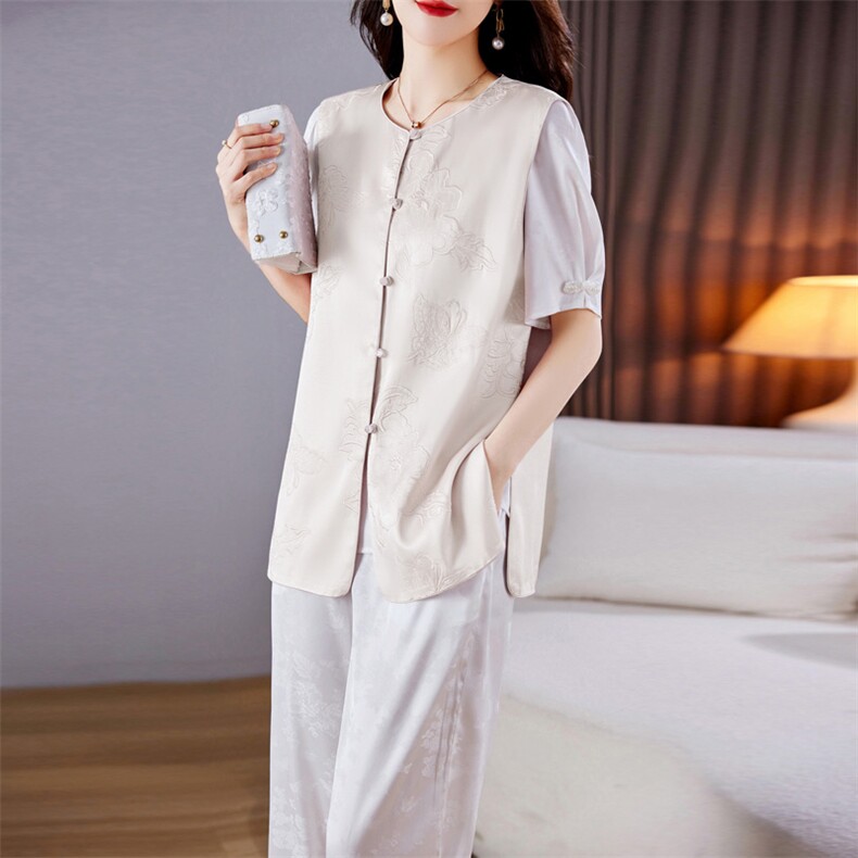 2023新款夏季女装圆领刺绣复古中式唐装显瘦减龄马甲（套装选购）,女装套装/套裙,施恩睿棋