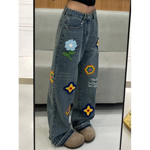 【有货】S809LL-特P52 重工艺花瓣刺绣水洗牛仔裤男女设计感裤子图片