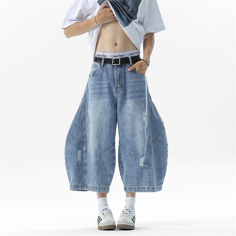 美式夏季刮烂破洞弯刀水洗牛仔裤男女宽松七分裤子潮流YD701-P65，男装牛仔裤，星座509