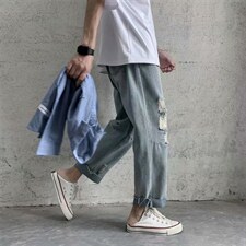 ins潮牌补丁破洞牛仔裤男直筒宽松港风百搭阔腿老爹九分裤279-p35,男装牛仔裤,星座1008-2