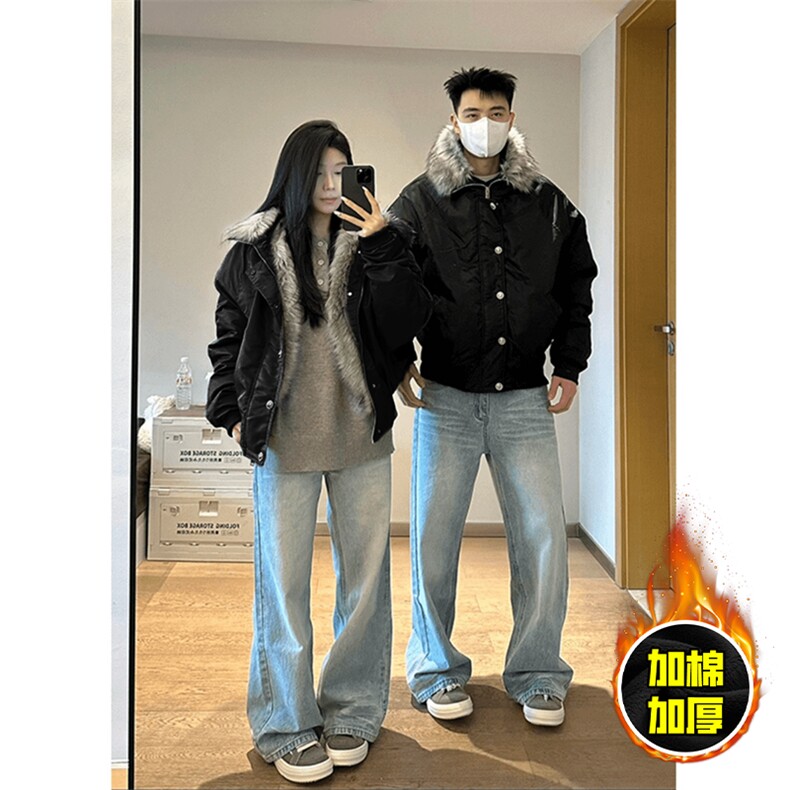 现货高品质美式高街重磅狼王座山雕毛毛领假两件棉衣加厚棉服外套,男装棉衣,电商A443