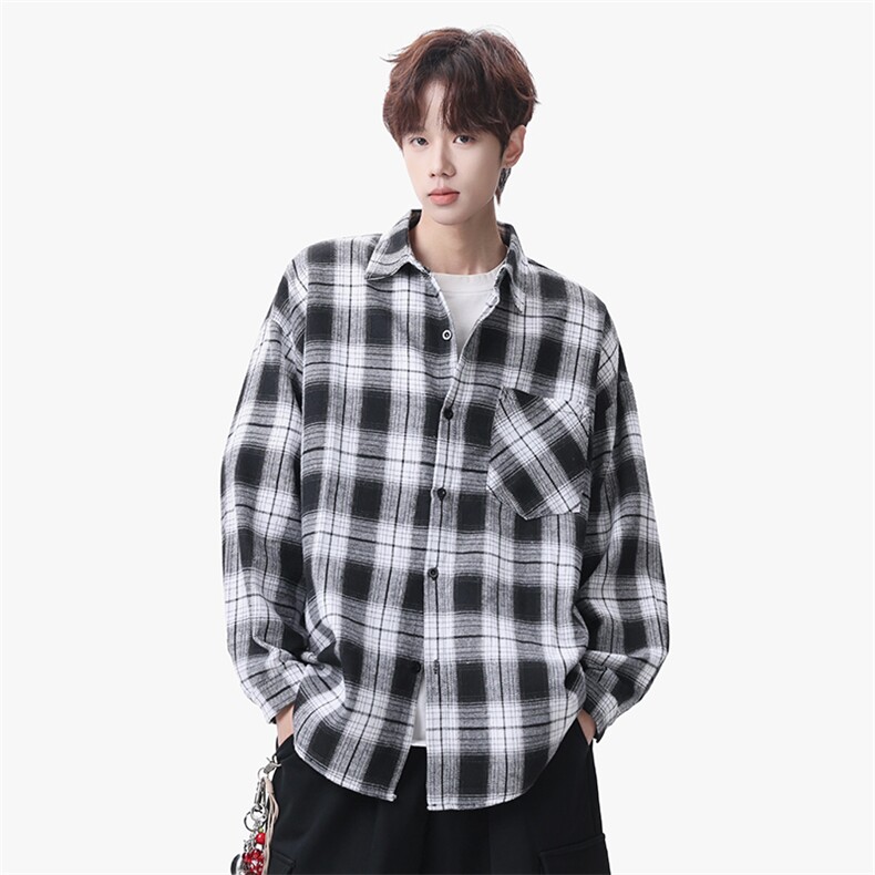 衬衫男秋季新款港风宽松大码磨毛格子长袖衬衣CS6638-特P29，男装衬衫，星座214-3
