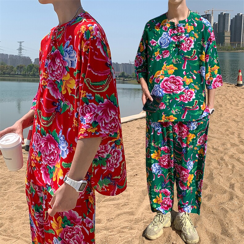 TZ340夏季薄款透气男士大花纱布套装七分袖衬衫裤子潮男风男图片