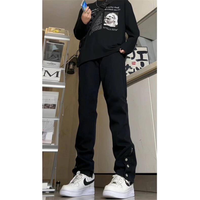 网络图现货美式拉链微喇vibe风裤高街开叉排扣裤牛仔裤J7068-P32,男装牛仔裤,星座715-7