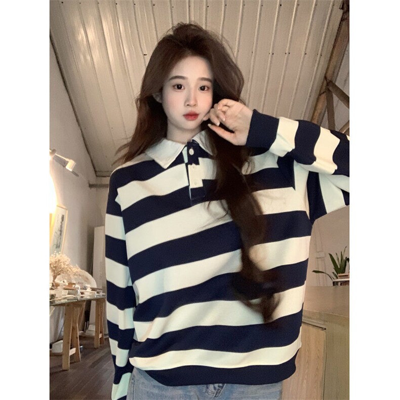 EE133-P65 260克条纹卫衣薄款2024设计感短款衬衫领上衣韩版女装图片