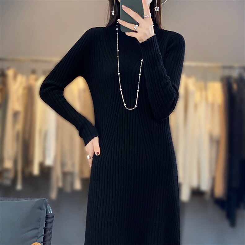 半高领修身抽条设计羊毛连衣裙显瘦百搭长袖针织裙气质女装秋冬季,女装连衣裙,狄美羊绒