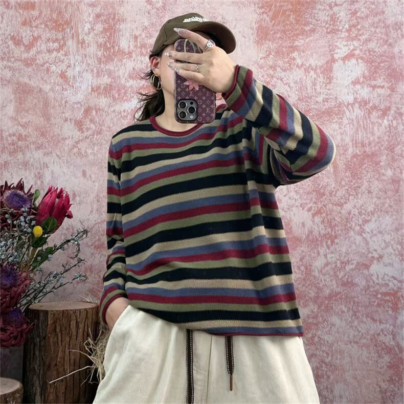 2025年秋季新款彩条纹针织圆领女士上衣时尚休闲通勤百搭，女装针织衫/毛衣，秋虹羊绒