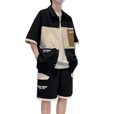 港风夏潮流印花拼接开衫宽松短袖衬衣短裤帅气套装A436-D218-P60，男装休闲套装，电商A436