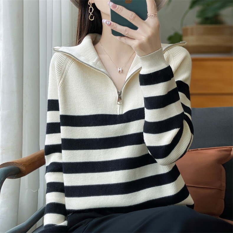 洋气减龄撞色条纹半拉链翻领长袖针织衫女复古POLO领百搭毛衣上衣,针织衫/毛衣,源达羊绒