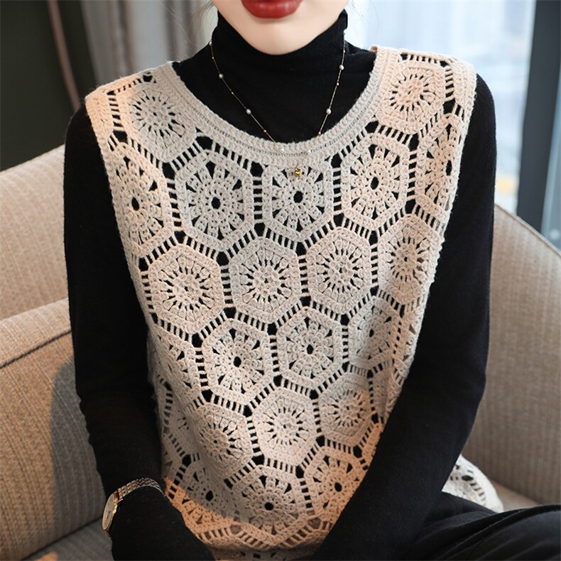 100%纯羊毛镂空针织马甲女无袖背心宽松圆领毛衣羊绒坎肩叠穿上衣，女装背心吊带，冀清阳荣
