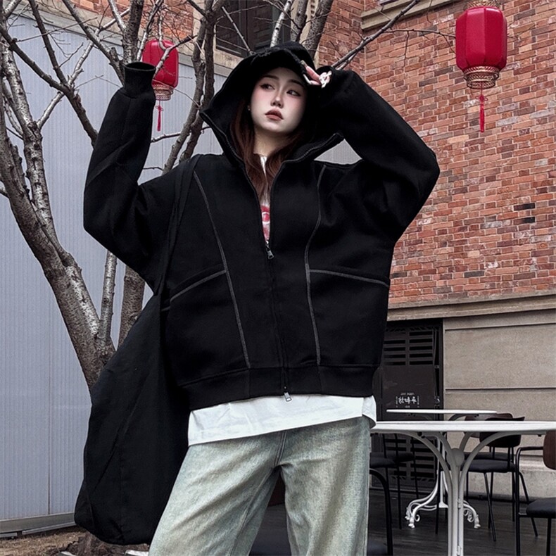 抖音得物高品质秋冬美式高街重磅结构辑明线纹理连帽卫衣外套W111，男装卫衣，电商A486