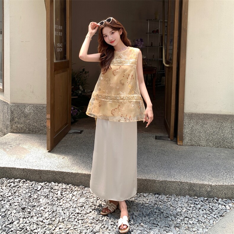 气质高级感新中式复古碎花背心套装女夏季2025新款半身裙两件套，女装套装/套裙，浙宝208A