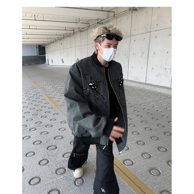 春秋美式蜘蛛刺绣pu皮夹克男休闲宽松街头棒球服,男装夹克,星座716-3