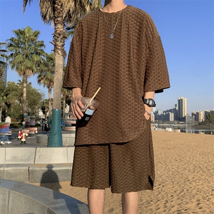 C521P52男生青年纯色百搭休闲套装短袖T血短裤户外运动休闲,男生短格子衣服搭配图片