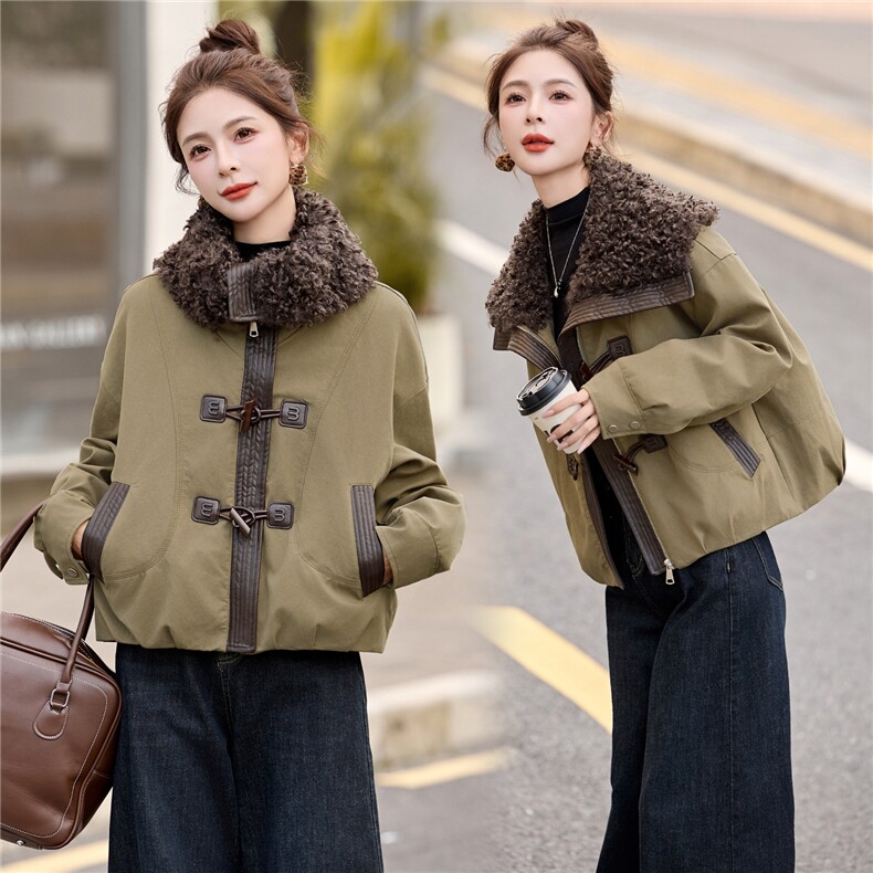 现货工装大翻领短款羽绒服女2026冬季新款加厚保暖派克服外套,女装羽绒服,美沁